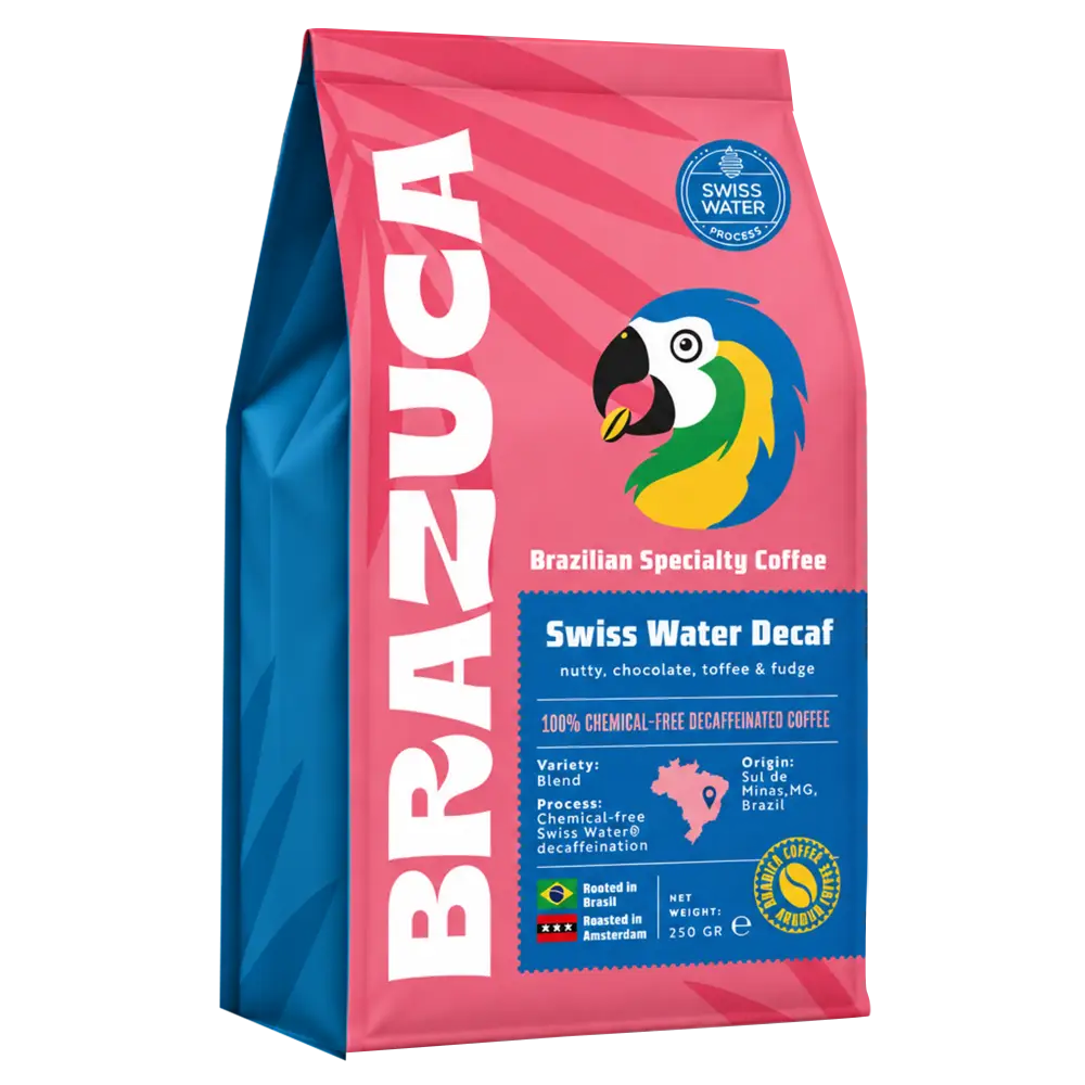 A 250g bag of Brazuca Swiss Water Decaf coffee, featuring a vibrant pink and blue design with a colorful parrot illustration and white vertical branding text.