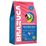 A 250g bag of Brazuca Swiss Water Decaf coffee, featuring a vibrant pink and blue design with a colorful parrot illustration and white vertical branding text.