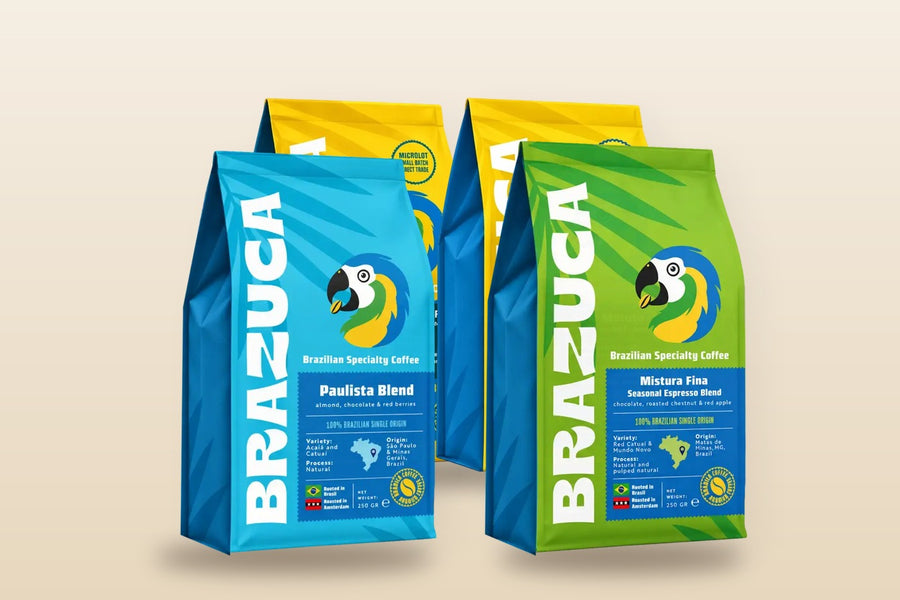 Four bags of Brazuca coffee for the tasting boxes: Paulista Blend, Mistura Fina, Nossa Senhora de Fátima and Sítio Matuto
