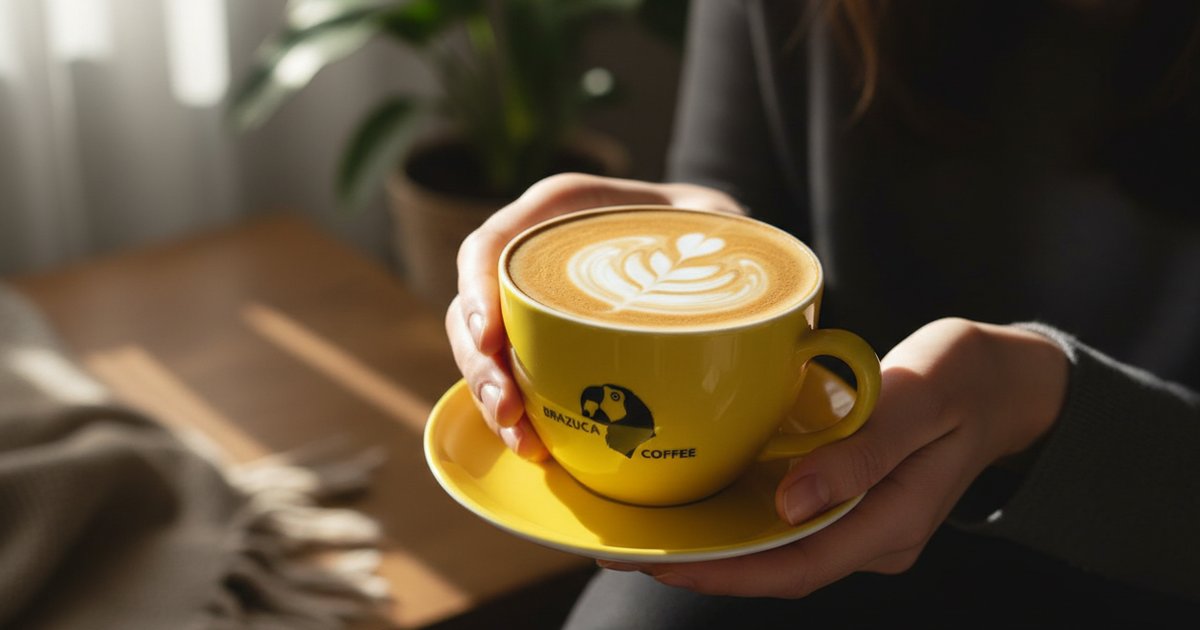 Barista holding a cappuccino with latte art in a green Brazuca cup
