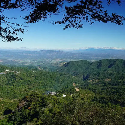 Lush green mountain range under a clear blue sky.