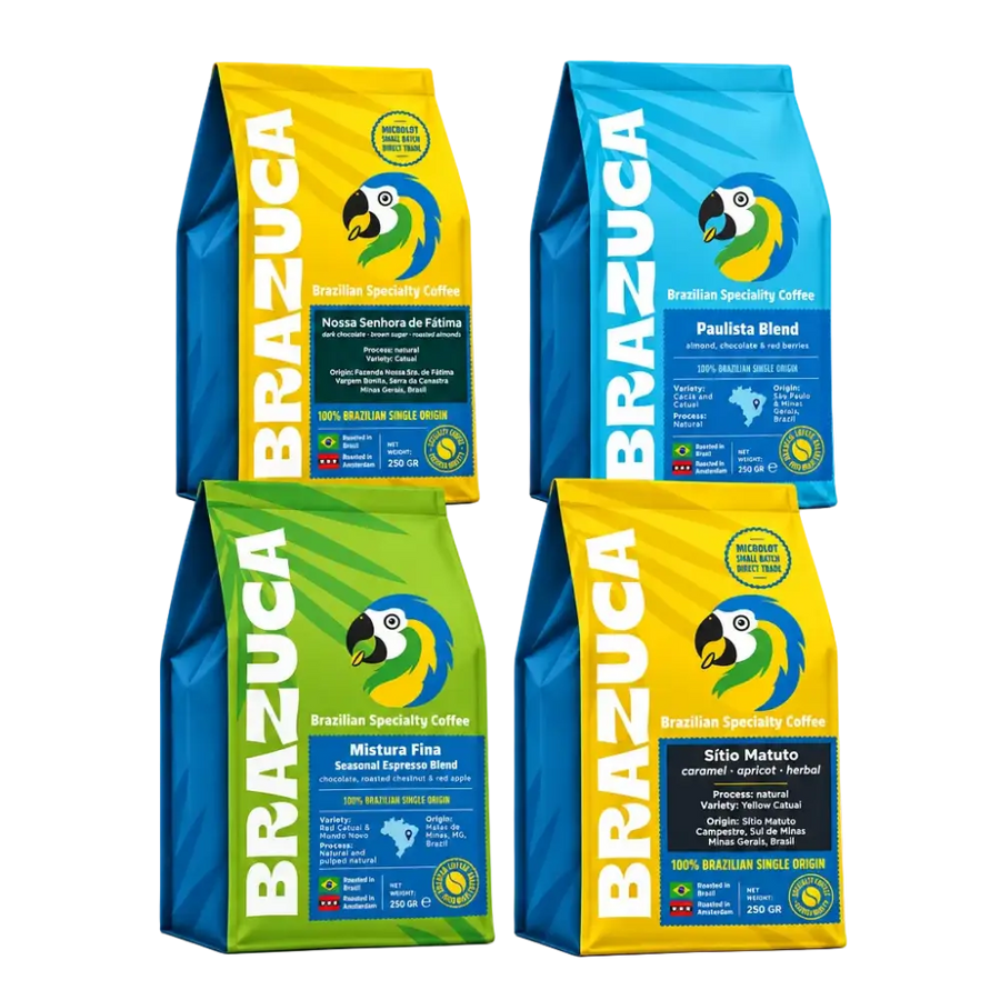 Explore Espresso Box: four Brazuca coffee bags, Paulista Blend, Mistura Fina, Nossa Senhora de Fátima and Sítio Matuto