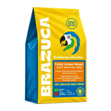 A 250g bag of Brazuca Brazilian Specialty Coffee, 'Funky Jumper Banger', featuring a bright yellow and blue package with a parrot logo.