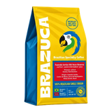A bag of BRAZUCA Brazilian Specialty Coffee, featuring a bright yellow and blue packaging design with a parrot logo and product details on the front.