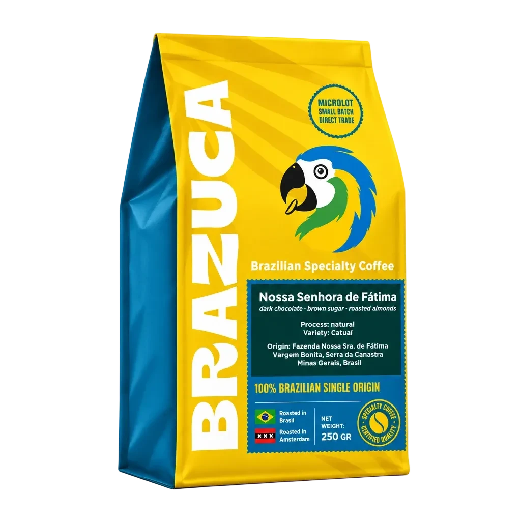 A 250 g bag of Brazuca Brazilian Specialty Coffee, featuring a bright yellow and blue packaging design with a parrot logo and white vertical branding.