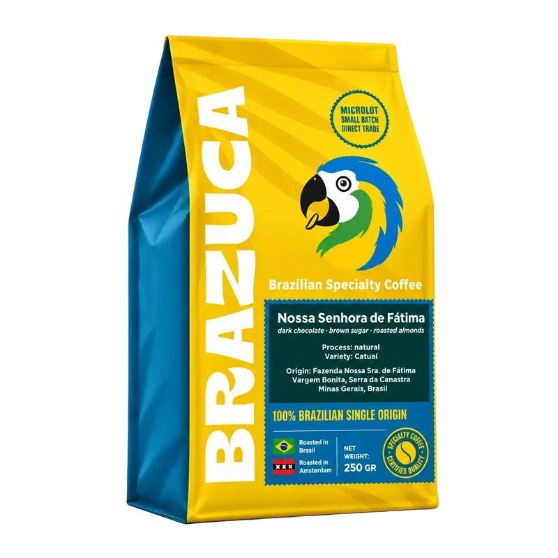 A 250 g bag of Brazuca Brazilian Specialty Coffee, featuring a bright yellow and blue packaging design with a parrot logo and white vertical branding.