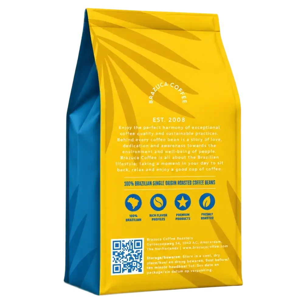 A standing bag of Brazuca Coffee Roasters single origin coffee beans, showing the back panel with a bright yellow and blue design, text, icons, and a QR code on a white background.