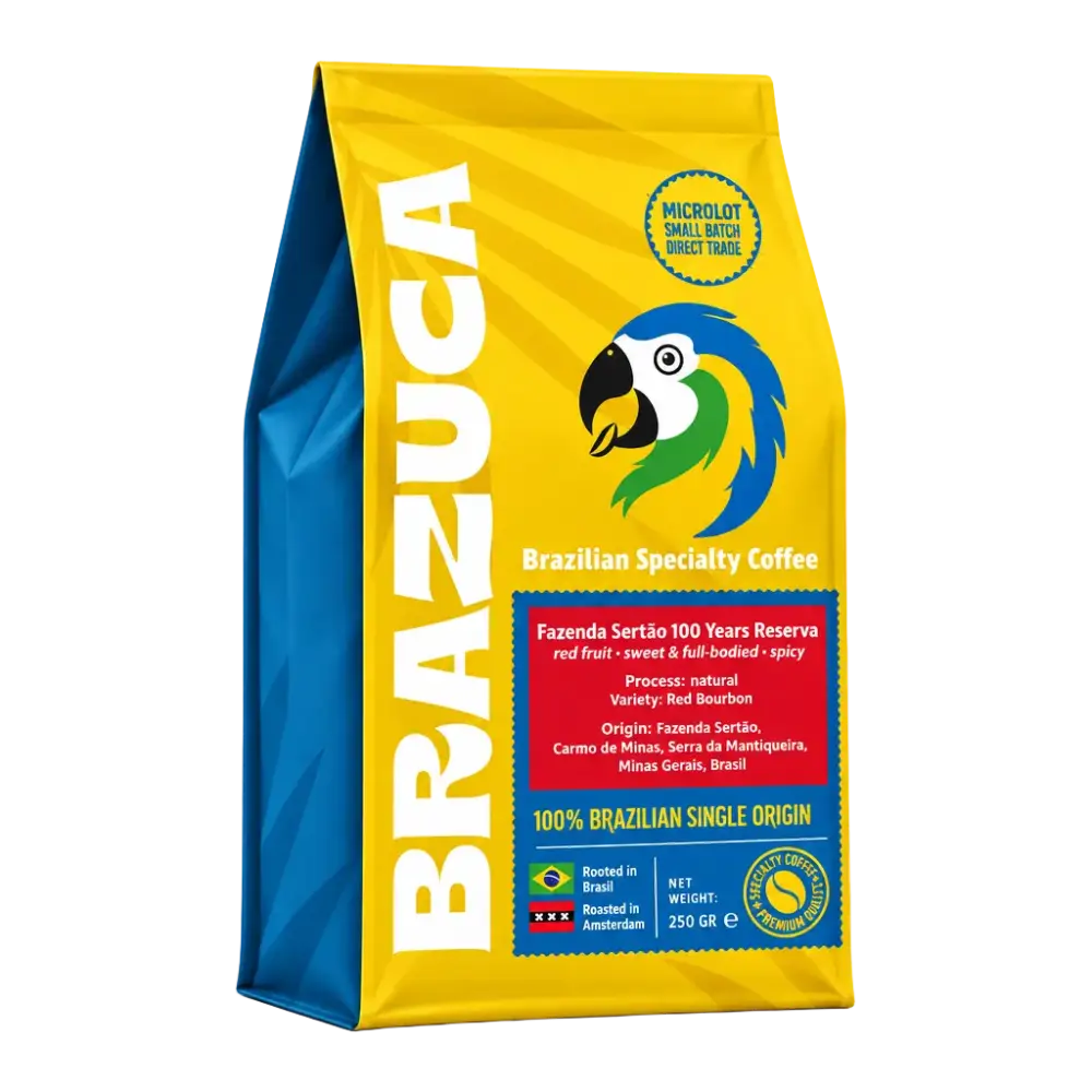 A bag of BRAZUCA Brazilian Specialty Coffee, featuring a bright yellow and blue packaging design with a parrot logo and product details on the front.