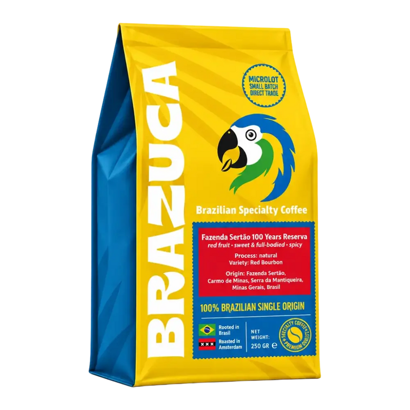 A bag of BRAZUCA Brazilian Specialty Coffee, featuring a bright yellow and blue packaging design with a parrot logo and product details on the front.