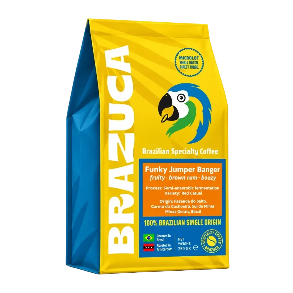 A 250g bag of Brazuca Brazilian Specialty Coffee, 'Funky Jumper Banger', featuring a bright yellow and blue package with a parrot logo.