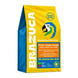 A 250g bag of Brazuca Brazilian Specialty Coffee, 'Funky Jumper Banger', featuring a bright yellow and blue package with a parrot logo.