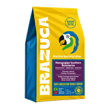 A 250 g bag of Brazuca Brazilian Specialty Coffee, featuring a bright yellow and blue packaging design with a parrot logo and white vertical branding.