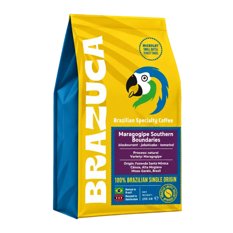 A 250 g bag of Brazuca Brazilian Specialty Coffee, featuring a bright yellow and blue packaging design with a parrot logo and white vertical branding.